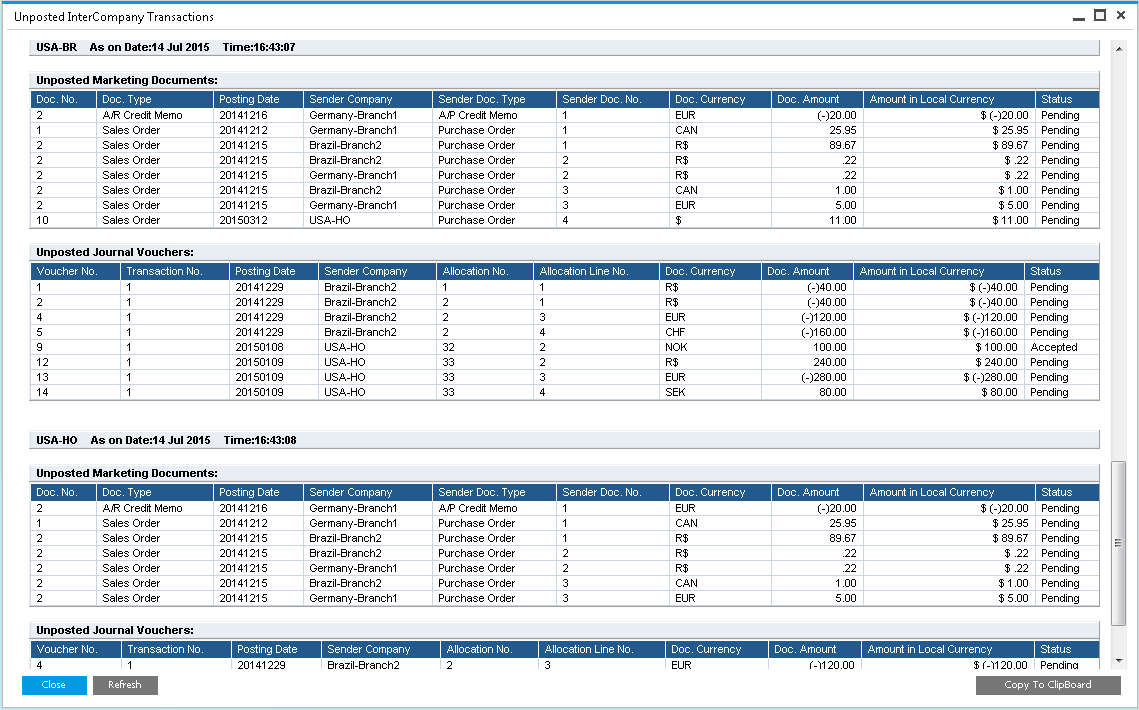 Intercompany in SAP Business One: unposted intercompany transactions