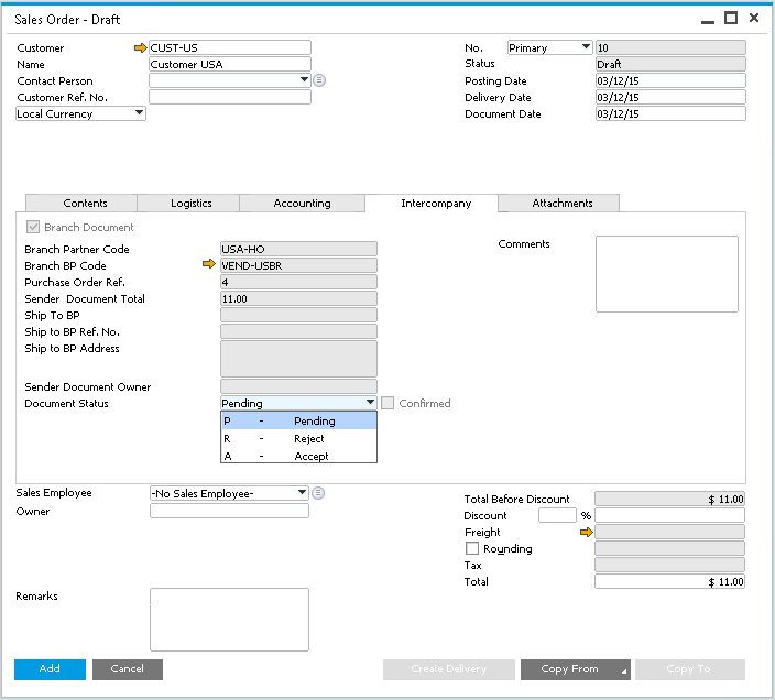 A draft sales order received from a sister company: on the Intercompany tab, Document Status offers Pending, Reject and Accept (demo data)