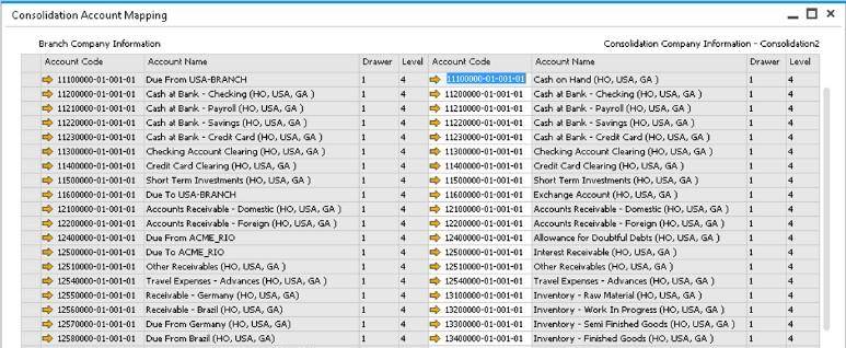 The Consolidation Account Mapping window: each branch account beside the consolidation company account it maps to (demo chart of accounts)
