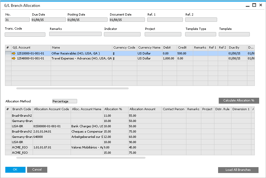 The G/L Branch Allocation window: the accounts to allocate at the top, the receiving branches with their accounts, percentages and amounts below (demo data)