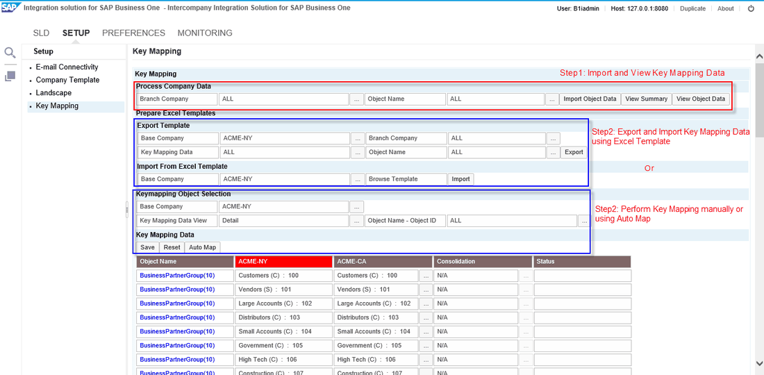 The Key Mapping page of the Intercompany administration console: import, export to a spreadsheet template, and the mapping of each code per company (demo companies)