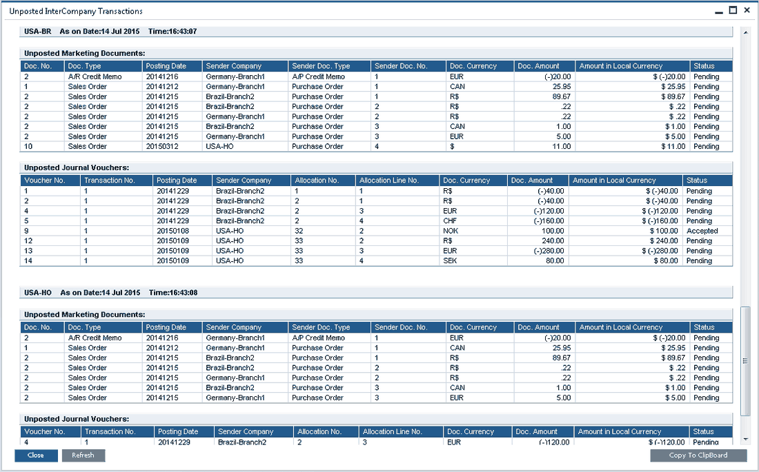 The Un-posted Intercompany Transactions report: documents and journal vouchers still pending in each receiving company (demo data)